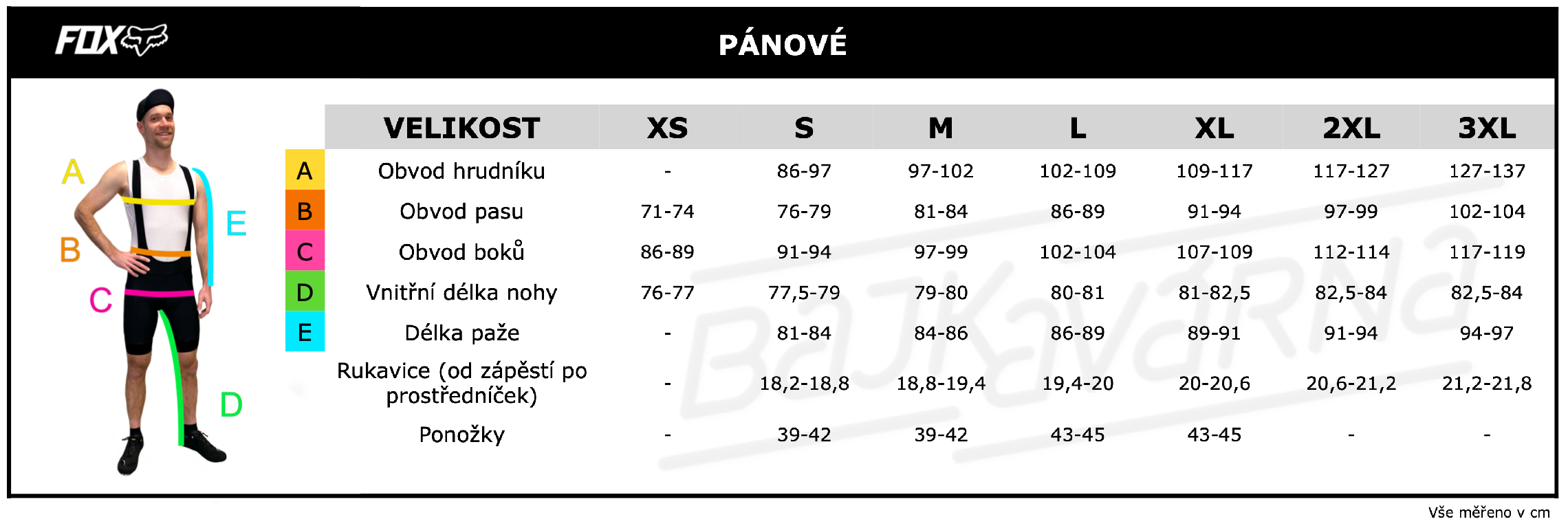 FOX - pánové velikostní tabulka